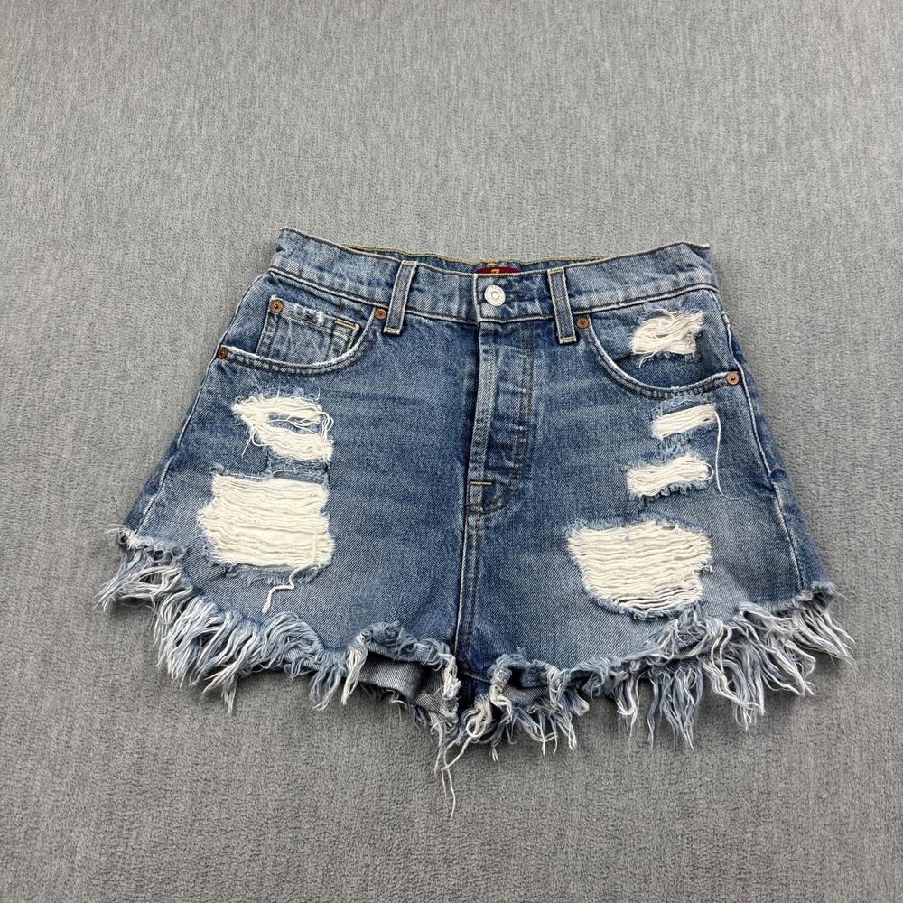 7 For All Mankind Shorts Womens 25 Blue Denim Distressed 2" Button Fly High Rise